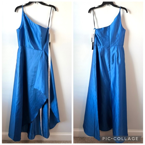 Alfred Sung D831 One‎ Shoulder Slit Maxi Gown Classic Blue 8 - Picture 3 of 7